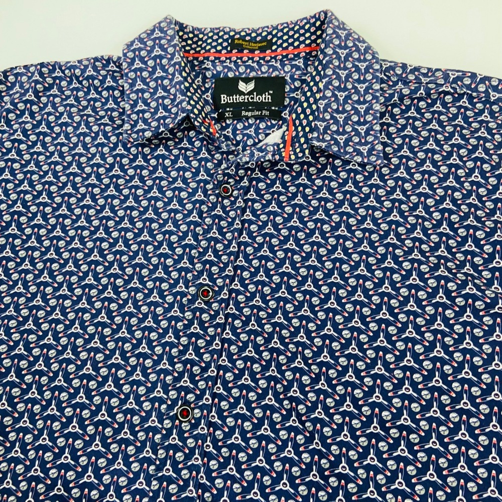 Buttercloth Mens XL Navy Blue Short Sleeve Button Up‎ Shirt Propeller Ptint